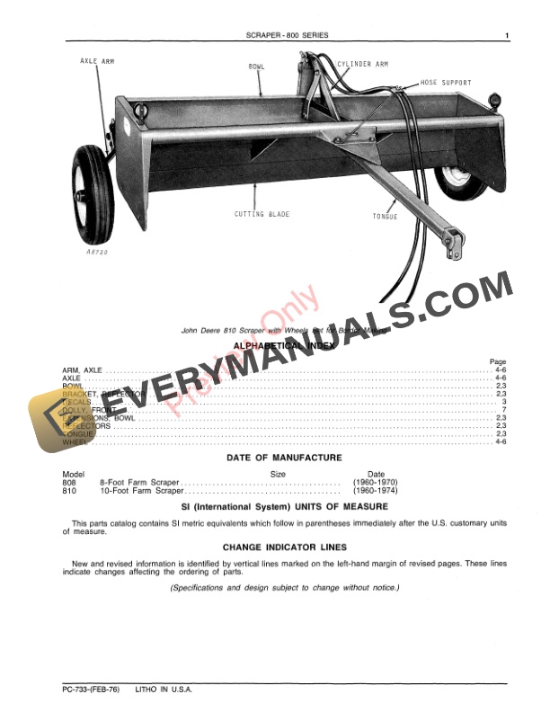 John Deere 800 Series Scrapers – 808, 810 Parts Catalog PC733 01FEB76-3