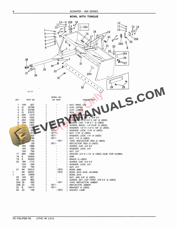 John Deere 800 Series Scrapers – 808, 810 Parts Catalog PC733 01FEB76-4