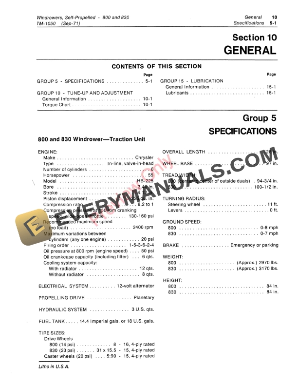 John Deere 800 and 830 Self Propelled Windrowers Technical Manual TM1050 01SEP81 5