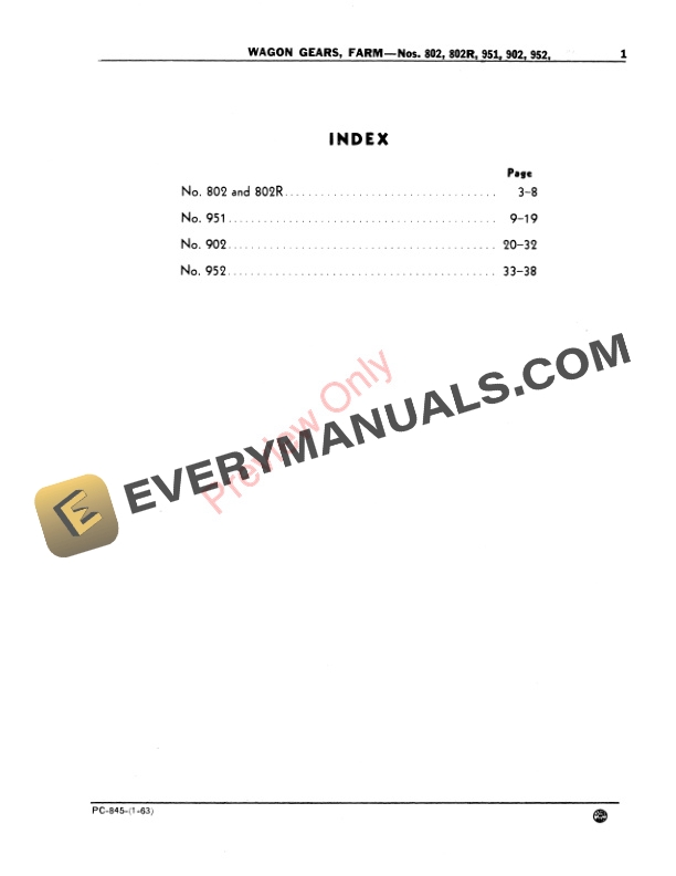 John Deere 802, 802R, 902, 951, 952 Wagon Gears Parts Catalog PC845 01JAN63-3