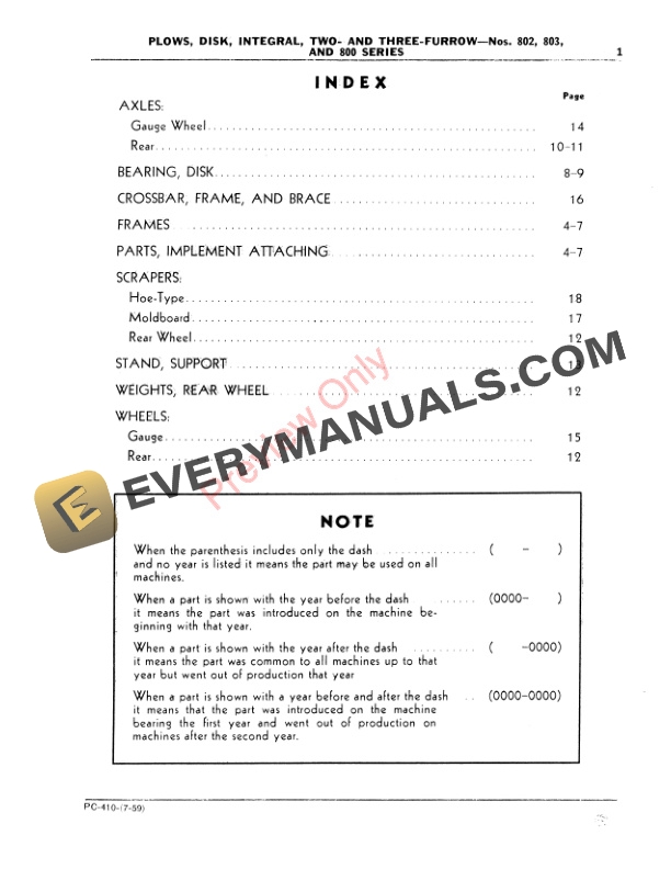 John Deere 802, 803, 800 Series Integral Disk Plows Parts Catalog PC410 01JUL59-3