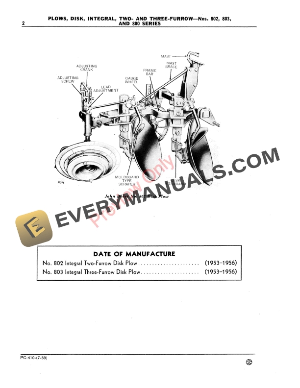 John Deere 802, 803, 800 Series Integral Disk Plows Parts Catalog PC410 01JUL59-4