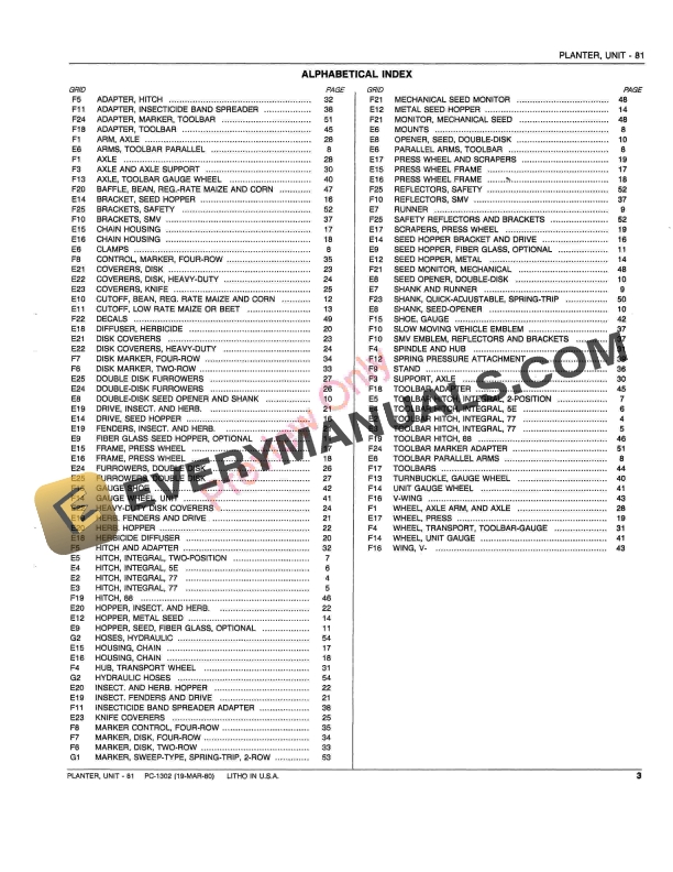 John Deere 81 Unit Planter Parts Catalog PC1302 19MAR80-5