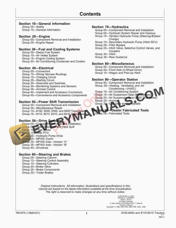 John Deere 8100 8200 8300 8400 8110 8210 8310 8410 Tractors Technical Manual TM1575 13MAY21 5