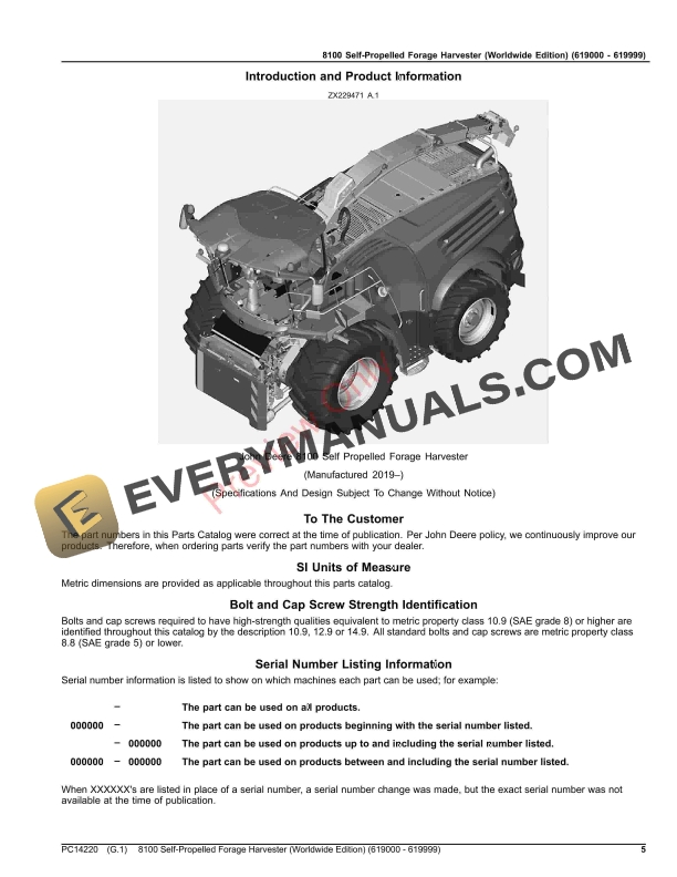 John Deere 8100 Self-Propelled Forage Harvester (619000 - 619999) Parts Catalog PC14220 15OCT23 6 John Deere 8100 Self-Propelled Forage Harvester (619000 – 619999) Parts Catalog PC14220 15OCT23-5