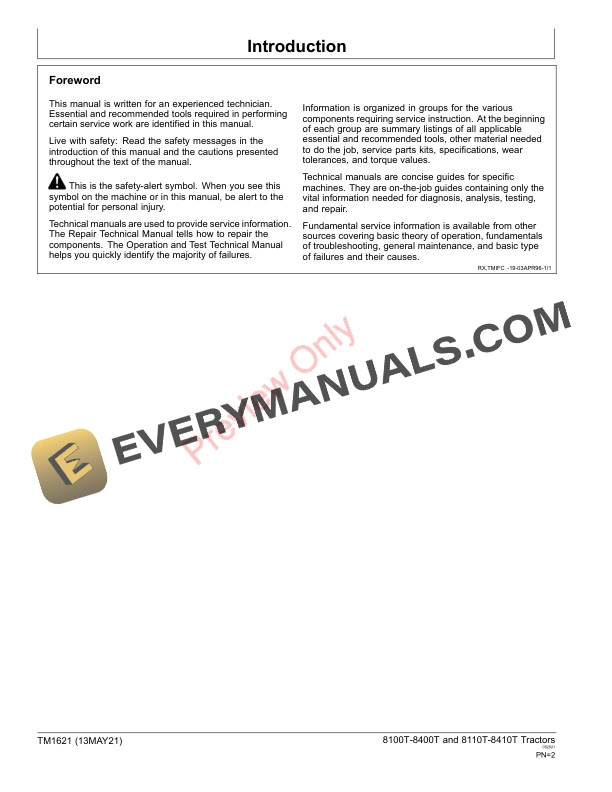 John Deere 8100T 8200T 8300T 8400T 8110T 8210T 8310T and 8410T Tractors 010001 Technical Manual TM1621 13MAY21 2