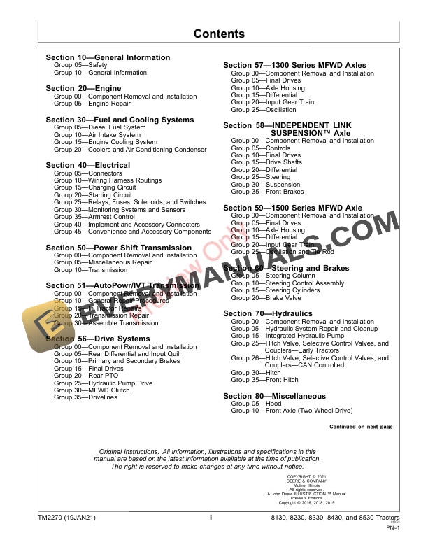 John Deere 8130 8230 8330 8430 and 8530 Tractors Technical Manual TM2270 19JAN21 3