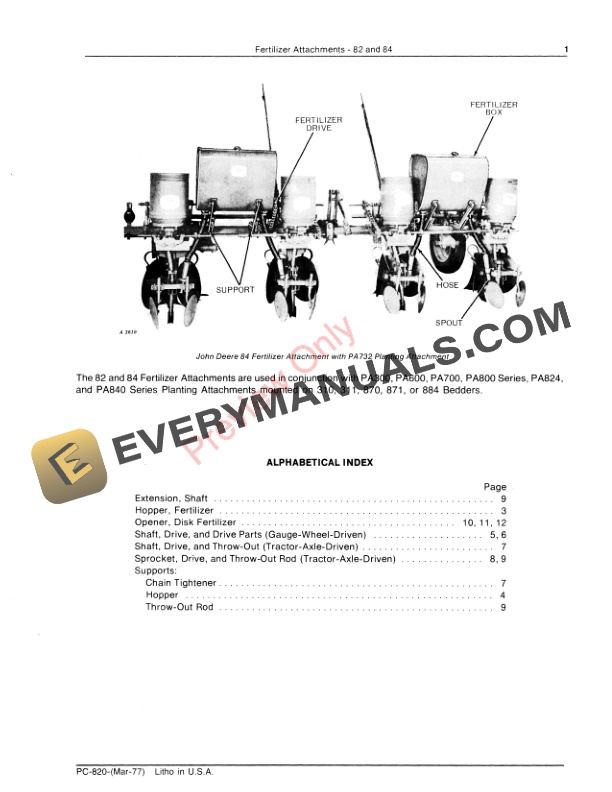 John Deere 82, 84 Fertilizer Attachments Parts Catalog PC820 01MAR77-3