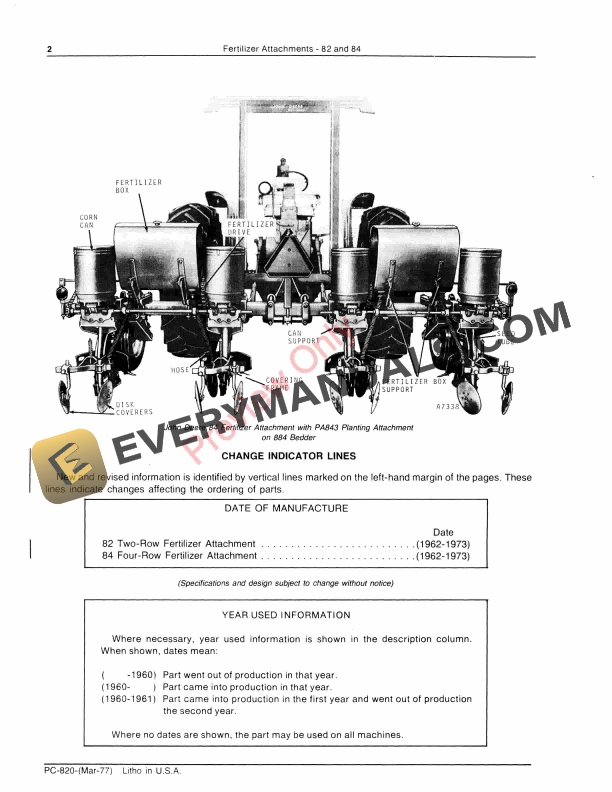 John Deere 82, 84 Fertilizer Attachments Parts Catalog PC820 01MAR77-4