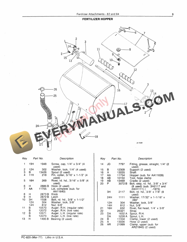 John Deere 82, 84 Fertilizer Attachments Parts Catalog PC820 01MAR77-5