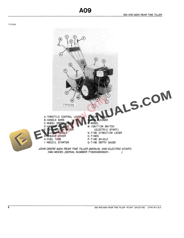 John Deere 820, 820A Rear-Tine Tillers Parts Catalog PC1947 20OCT92-4