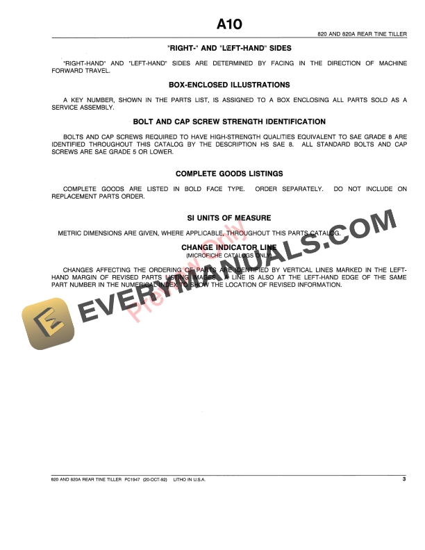 John Deere 820, 820A Rear-Tine Tillers Parts Catalog PC1947 20OCT92-5