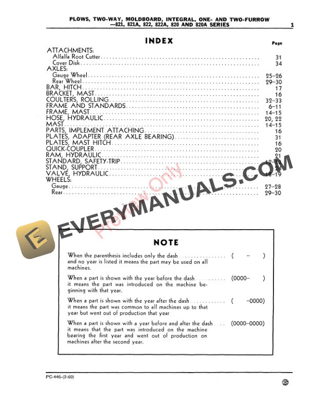 John Deere 820, 820A Series Two-Way Moldboard Plow, Integral Parts Catalog PC446 01FEB60-3
