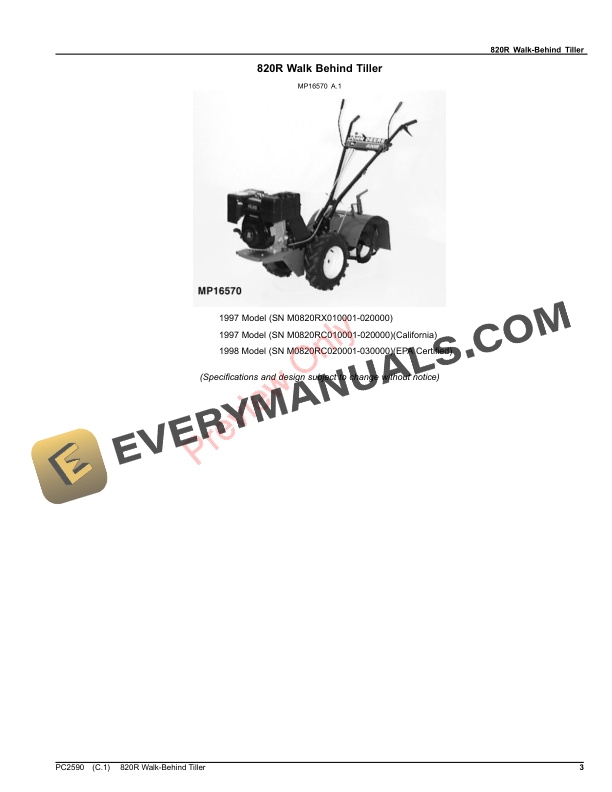 John Deere 820R WALK-BEHIND TILLER Parts Catalog PC2590 31OCT22-3