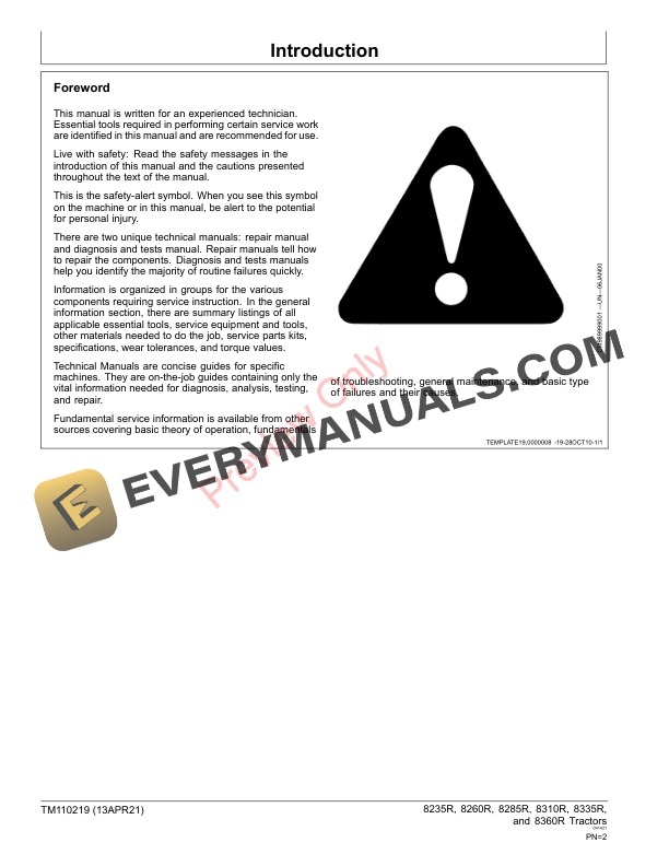 John Deere 8235R 8260R 8285R 8310R 8335R 8360R 8R Tractors Diagnostic Technical Manual TM110219 13APR21 2