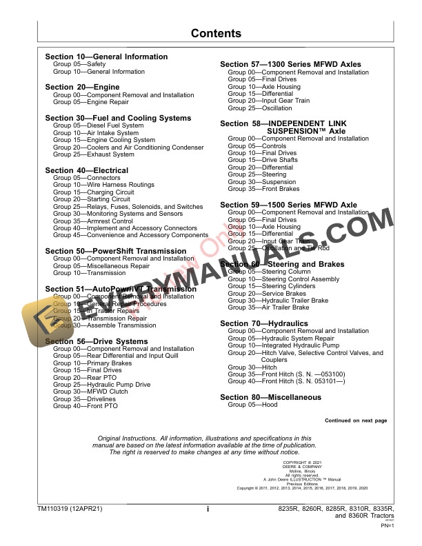 John Deere 8235R 8260R 8285R 8310R 8335R and 8360R 8R Tractors 053100 Repair Technical Manual TM110319 12APR21 3