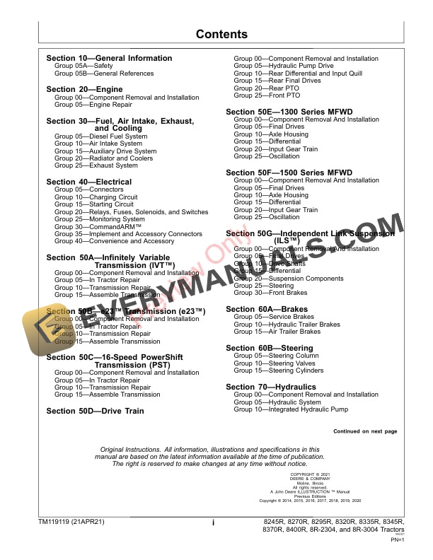John Deere 8245R 8270R 8295R 8320R 8335R 8345R 8370R and 8400R 8R Tractors 090001 Repair Technical Manual TM119119 21APR21 3