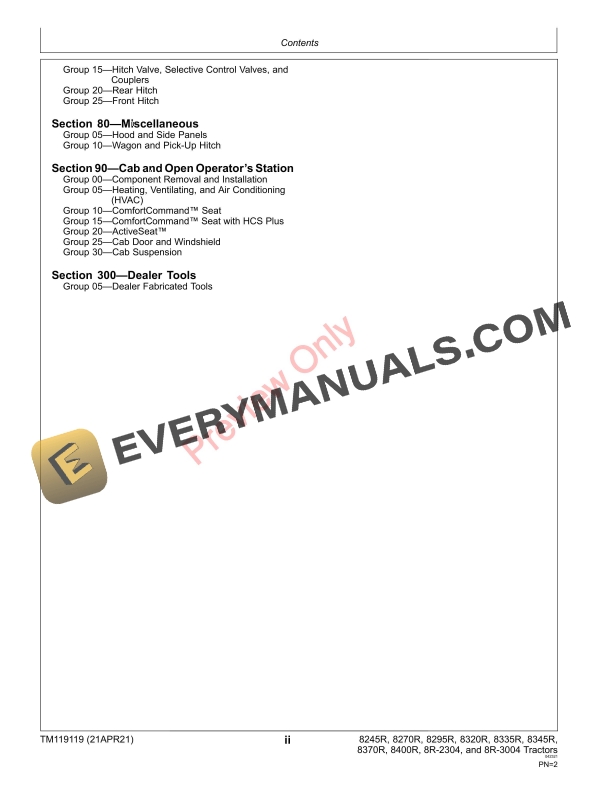 John Deere 8245R 8270R 8295R 8320R 8335R 8345R 8370R and 8400R 8R Tractors 090001 Repair Technical Manual TM119119 21APR21 4