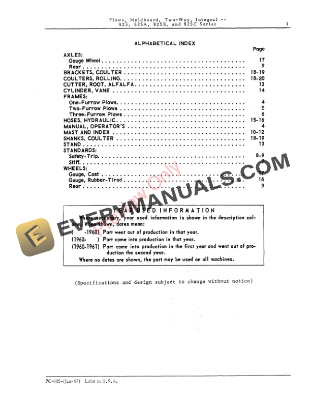 John Deere 825, 825A, 825B, 825C Series Integral 2-Way Moldboard Plows Parts Catalog PC605 01JAN67 4 John Deere 825, 825A, 825B, 825C Series Integral 2-Way Moldboard Plows Parts Catalog PC605 01JAN67-3