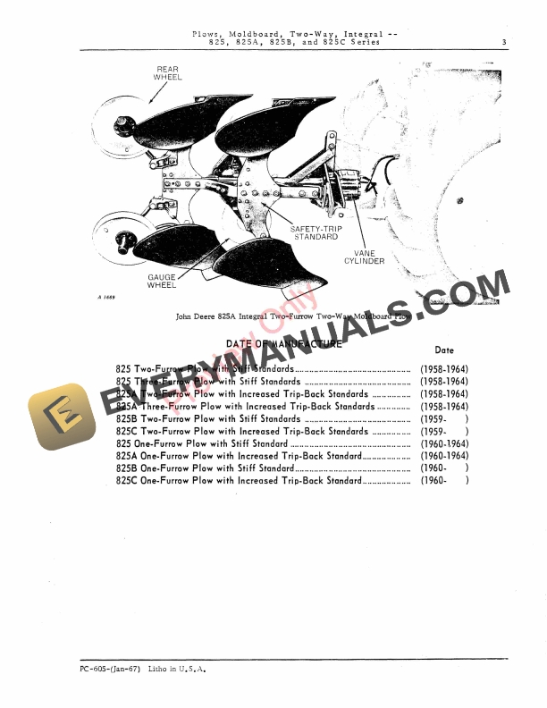 John Deere 825, 825A, 825B, 825C Series Integral 2-Way Moldboard Plows Parts Catalog PC605 01JAN67 6 John Deere 825, 825A, 825B, 825C Series Integral 2-Way Moldboard Plows Parts Catalog PC605 01JAN67-5