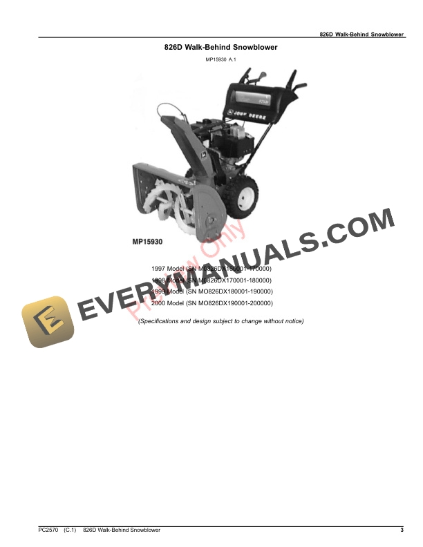 John Deere 826D WALK-BEHIND SNOWBLOWER Parts Catalog PC2570 04JUL23-3