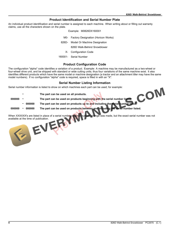 John Deere 826D WALK-BEHIND SNOWBLOWER Parts Catalog PC2570 04JUL23-4