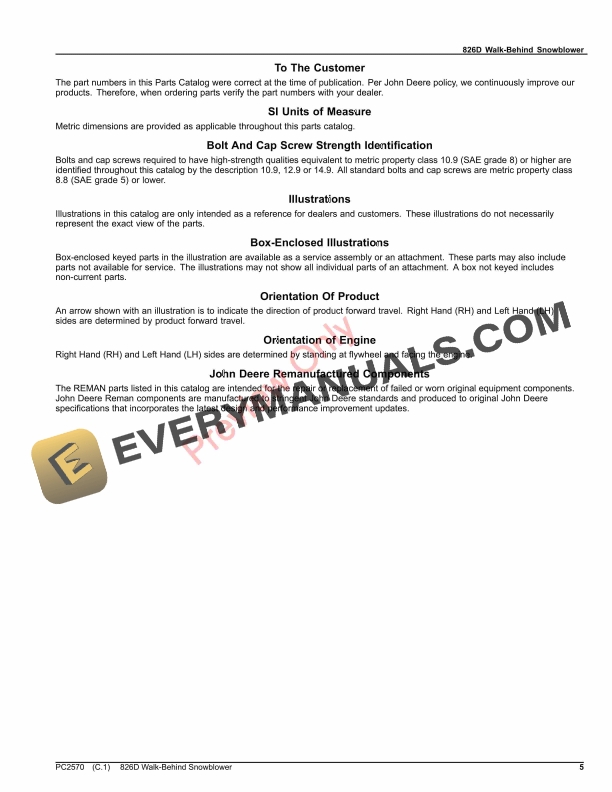 John Deere 826D WALK-BEHIND SNOWBLOWER Parts Catalog PC2570 04JUL23-5