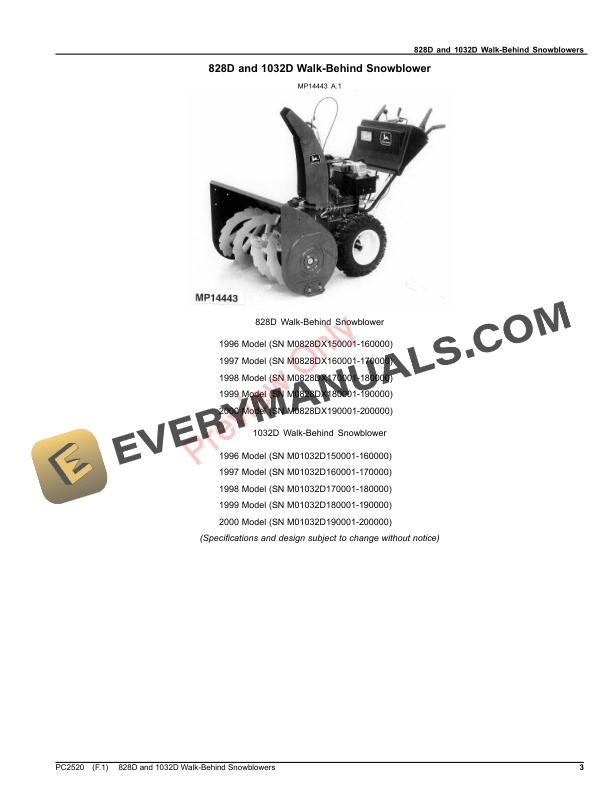 John Deere 828D and 1032D Walk-Behind Snowblowers Parts Catalog PC2520 04AUG20 4 John Deere 828D and 1032D Walk-Behind Snowblowers Parts Catalog PC2520 04AUG20-3