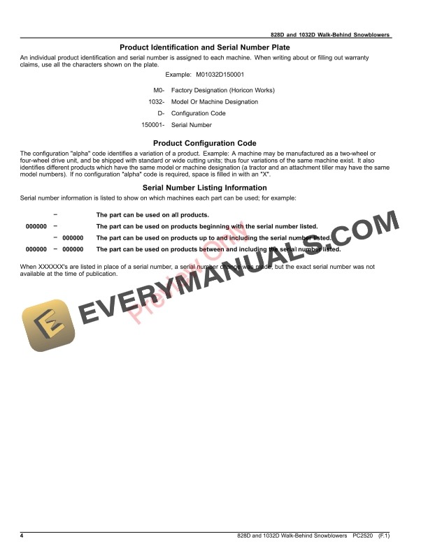 John Deere 828D and 1032D Walk-Behind Snowblowers Parts Catalog PC2520 04AUG20 5 John Deere 828D and 1032D Walk-Behind Snowblowers Parts Catalog PC2520 04AUG20-4