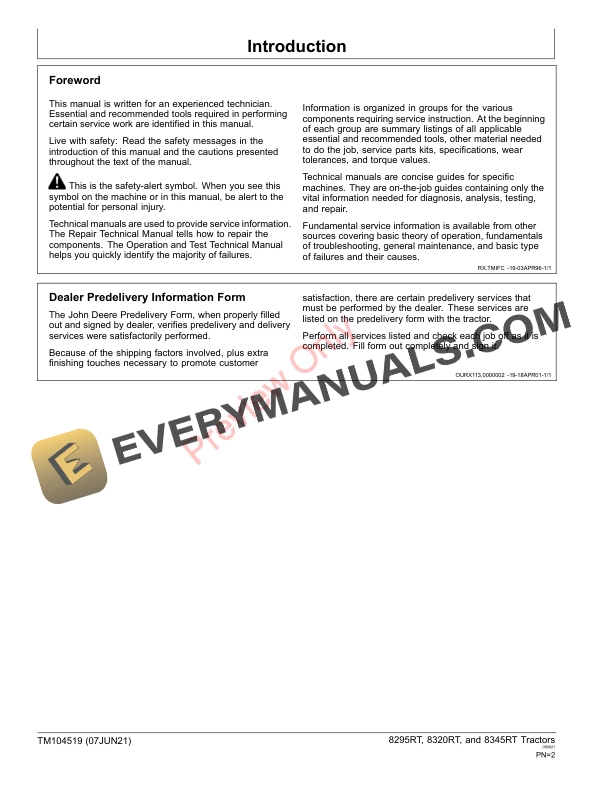 John Deere 8295RT, 8320RT, 8345RT (8RT) Tractors (-902500), Repair Technical Manual TM104519 07JUN21 4 John Deere 8295RT 8320RT 8345RT 8RT Tractors 902500 Repair Technical Manual TM104519 07JUN21 2