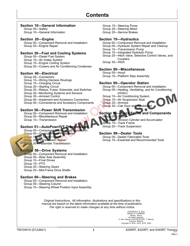 John Deere 8295RT, 8320RT, 8345RT (8RT) Tractors (-902500), Repair Technical Manual TM104519 07JUN21 5 John Deere 8295RT 8320RT 8345RT 8RT Tractors 902500 Repair Technical Manual TM104519 07JUN21 3