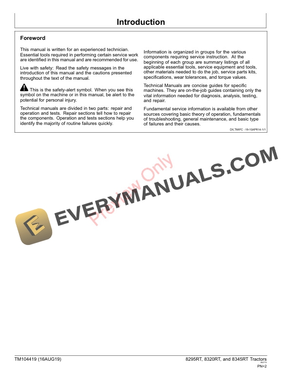 John Deere 8295RT 8320RT and 8345RT Tractors Diagnostic Technical Manual TM104419 16AUG19 2