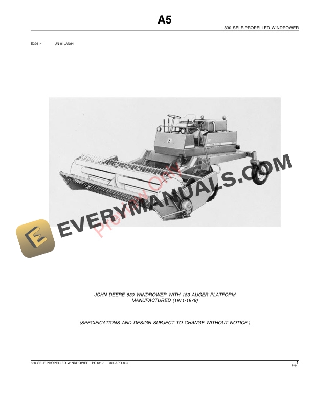 John Deere 830 Self-Propelled Windrower Parts Catalog PC1312 25JUN96-3