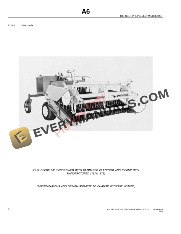 John Deere 830 Self-Propelled Windrower Parts Catalog PC1312 25JUN96-4