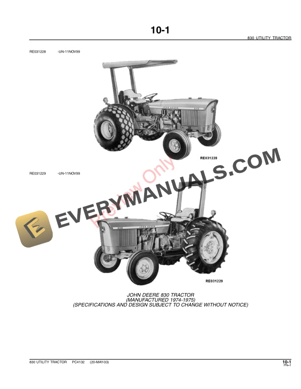 John Deere 830 Utility Tractor Parts Catalog PC4132 11MAY11-3