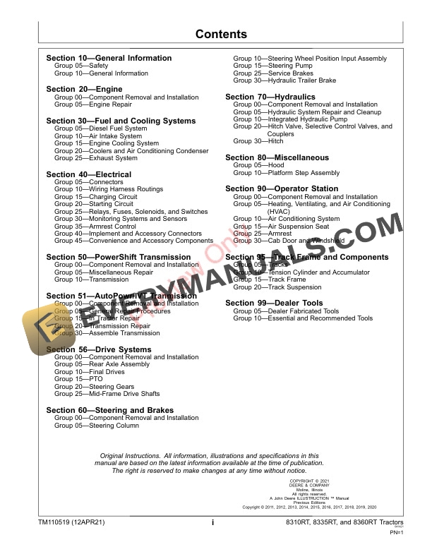 John Deere 8310RT 8335RT 8360RT 8RT Tractors 902501 Repair Technical Manual TM110519 12APR21 3