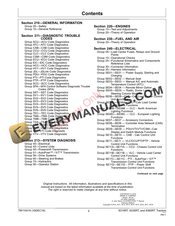 John Deere 8310RT 8335RT and 8360RT 8RT Tractors 902501 912000 Diagnostic Technical Manual TM110419 16DEC19 3