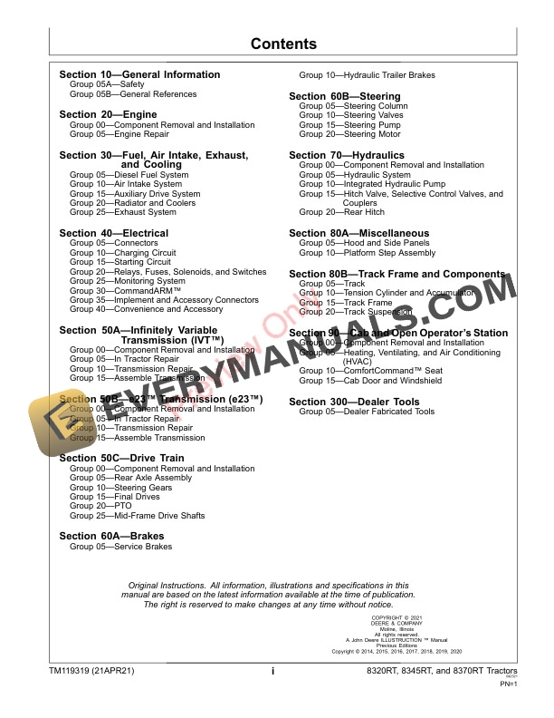 John Deere 8320RT 8345RT and 8370RT Tractors 912001 916999 Repair Technical Manual TM119319 21APR21 3