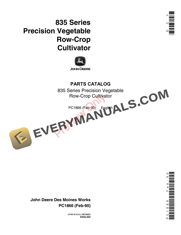 John Deere 835 Precision Vegetable Row-Crop Cultivator Parts Catalog PC1866 08FEB90-1