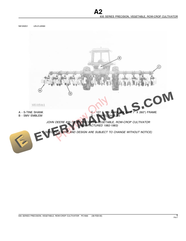 John Deere 835 Precision Vegetable Row-Crop Cultivator Parts Catalog PC1866 08FEB90 4 John Deere 835 Precision Vegetable Row-Crop Cultivator Parts Catalog PC1866 08FEB90-3