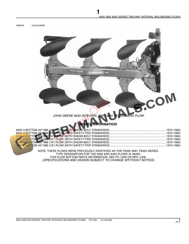 John Deere 8350, 8450 Two-Way Integral Moldboard Plows Parts Catalog PC1246 23FEB06 4 John Deere 8350, 8450 Two-Way Integral Moldboard Plows Parts Catalog PC1246 23FEB06-3