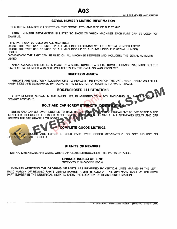 John Deere 84 Bale Mover and Feeder Parts Catalog PC2121 19SEP94-4