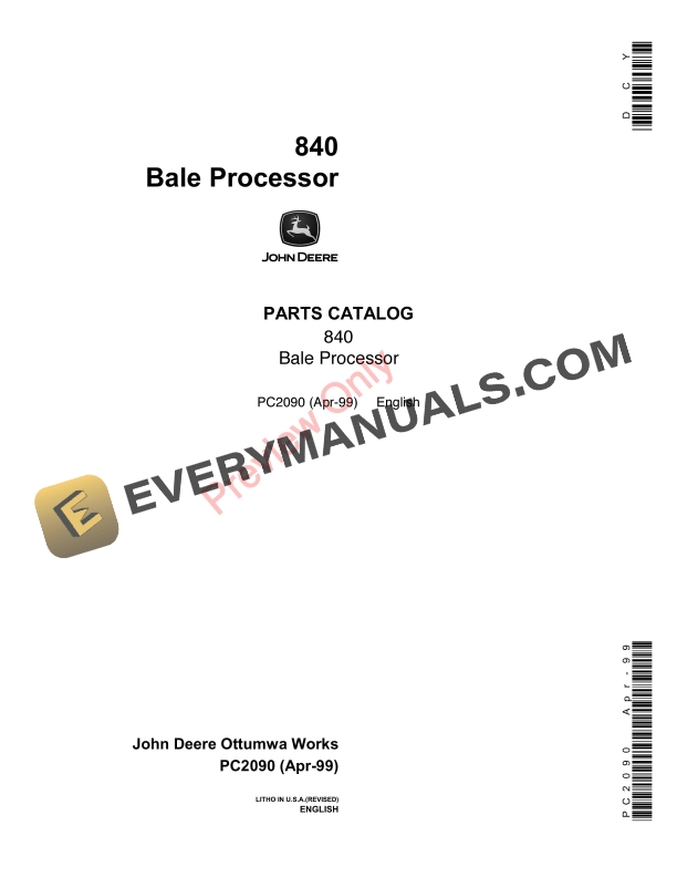 John Deere 840 Bale Processor Parts Catalog PC2090 01APR99-1