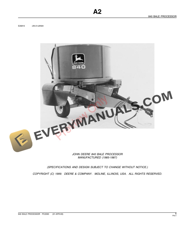 John Deere 840 Bale Processor Parts Catalog PC2090 01APR99-3
