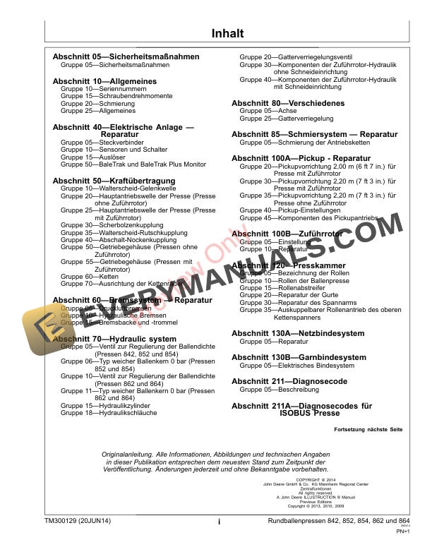 John Deere 842 852 854 862 and 864 Round Balers Technical Manual TM300129 42493 3