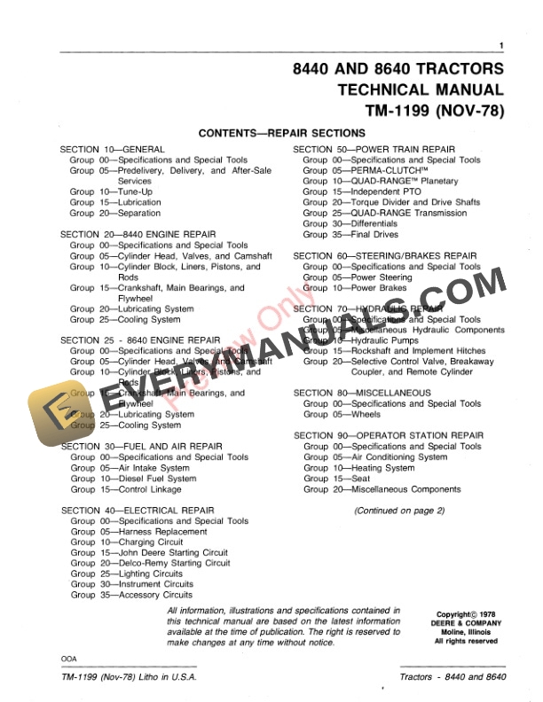 John Deere 8440 8640 Tractors Technical Manual TM1199 01NOV86 3