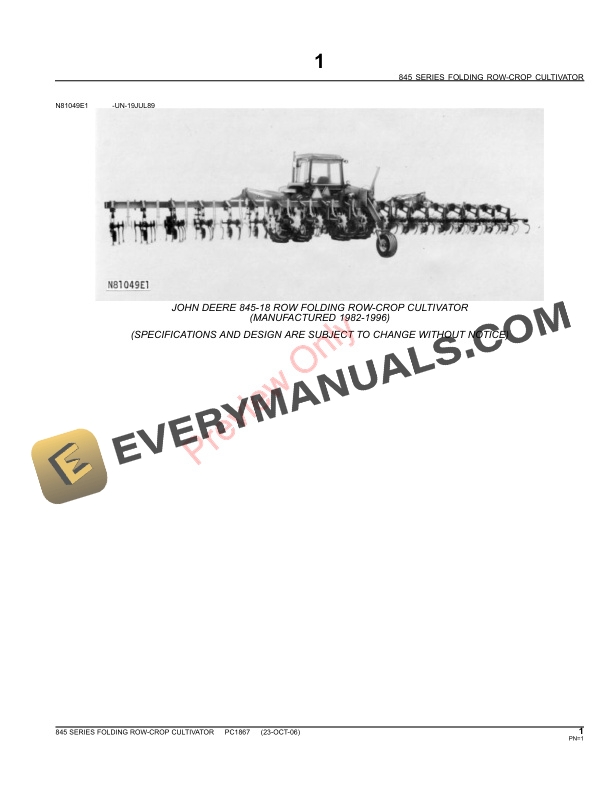 John Deere 845 Series Folding Row-Crop Cultivator Parts Catalog PC1867 14JUN11-3