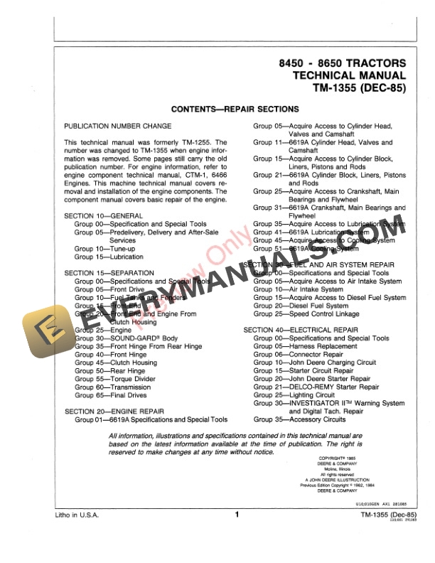 John Deere 8450 and 8650 Tractors Technical Manual TM1355 01MAY86 3