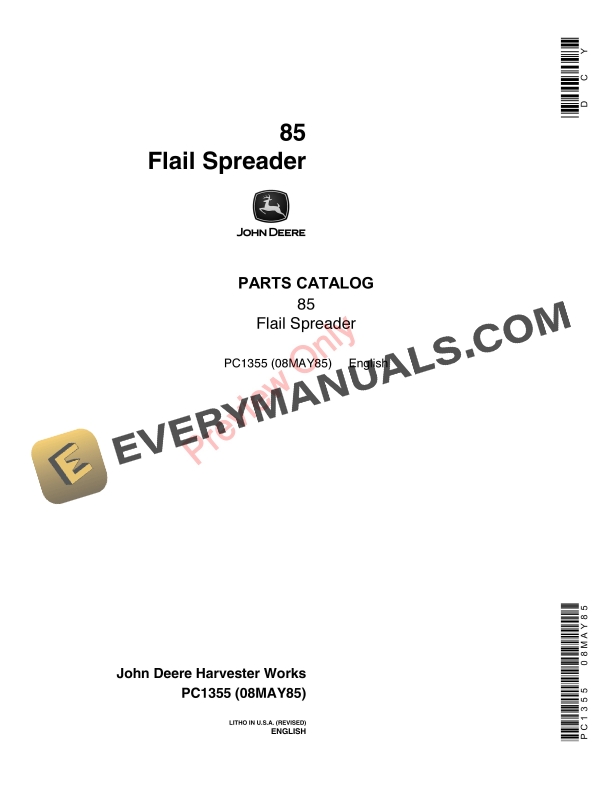 John Deere 85 Flail Spreader Parts Catalog PC1355 08MAY85-1