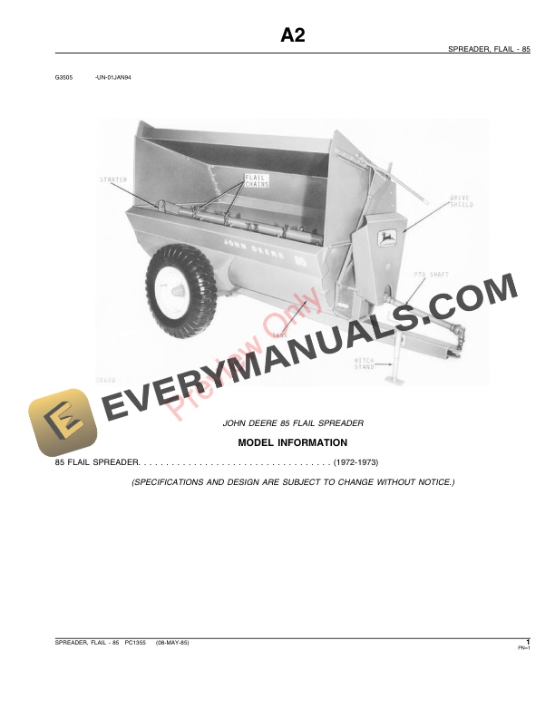 John Deere 85 Flail Spreader Parts Catalog PC1355 08MAY85-3